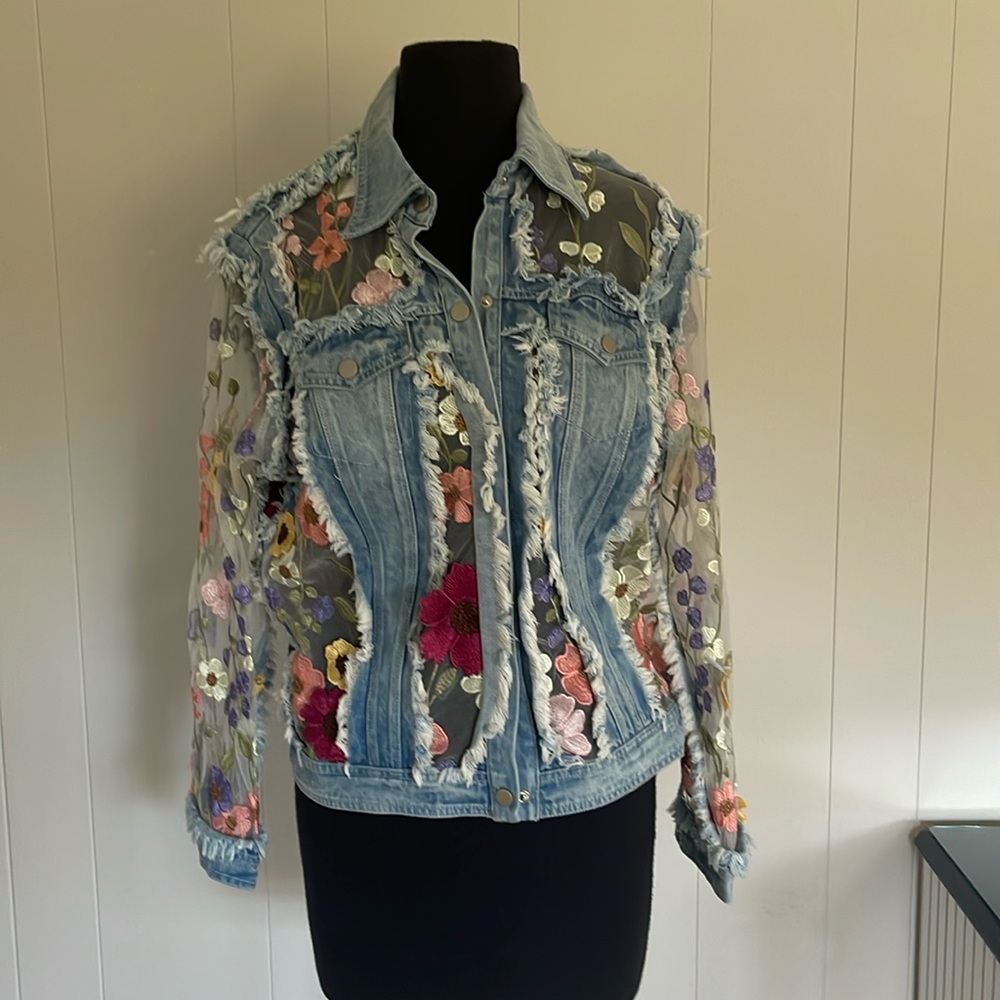 Denim lace jacket with floral embroidery